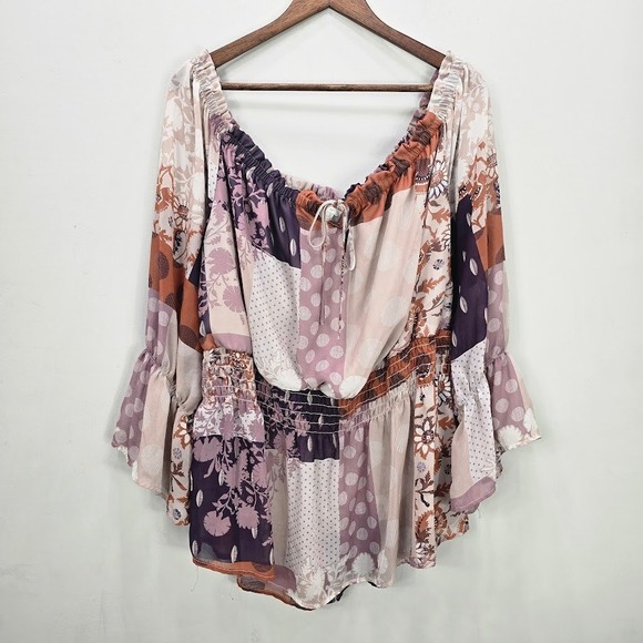 Cato Tunic Top 22 24 Multicolor Boho Patchwork Print Flowy Peasant Bell Sleeve - Picture 1 of 14
